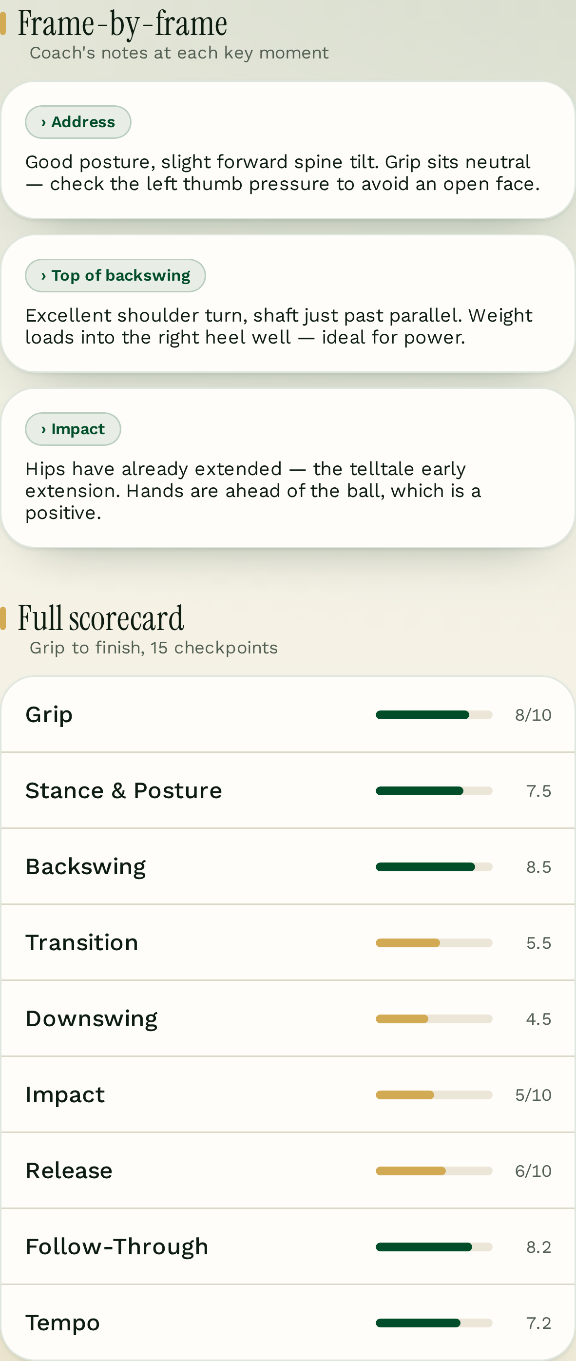 Mashy swing analysis — 15-point scorecard